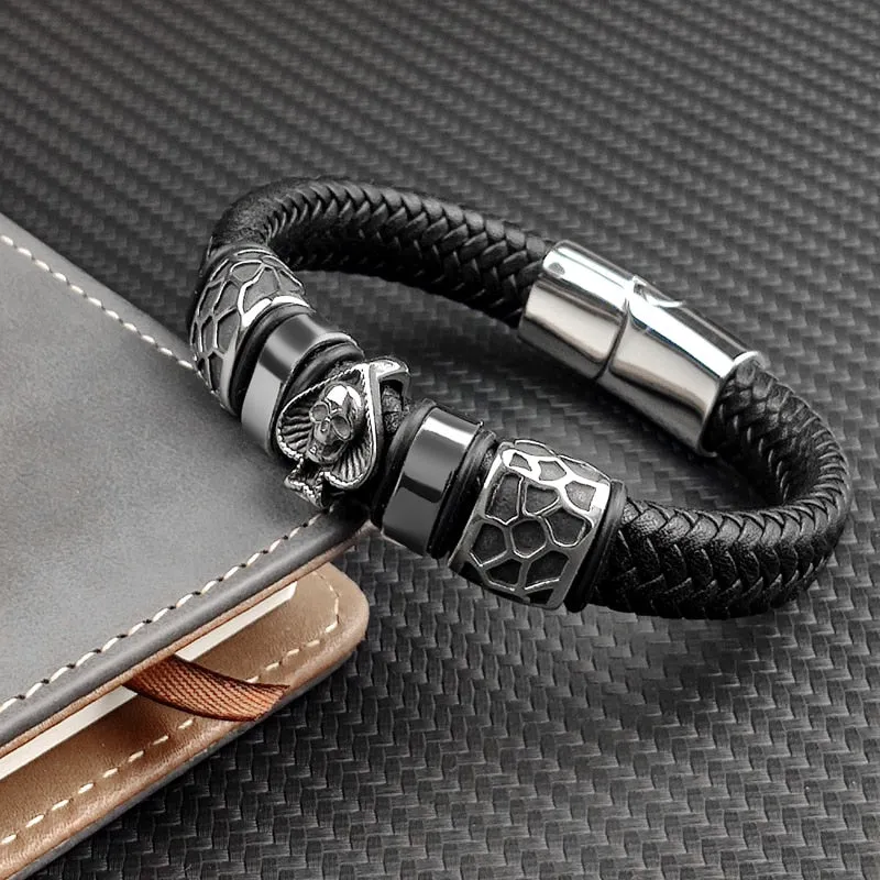 12*6mm Braided Leather 316l Stainless Steel Charm Male Bracelets