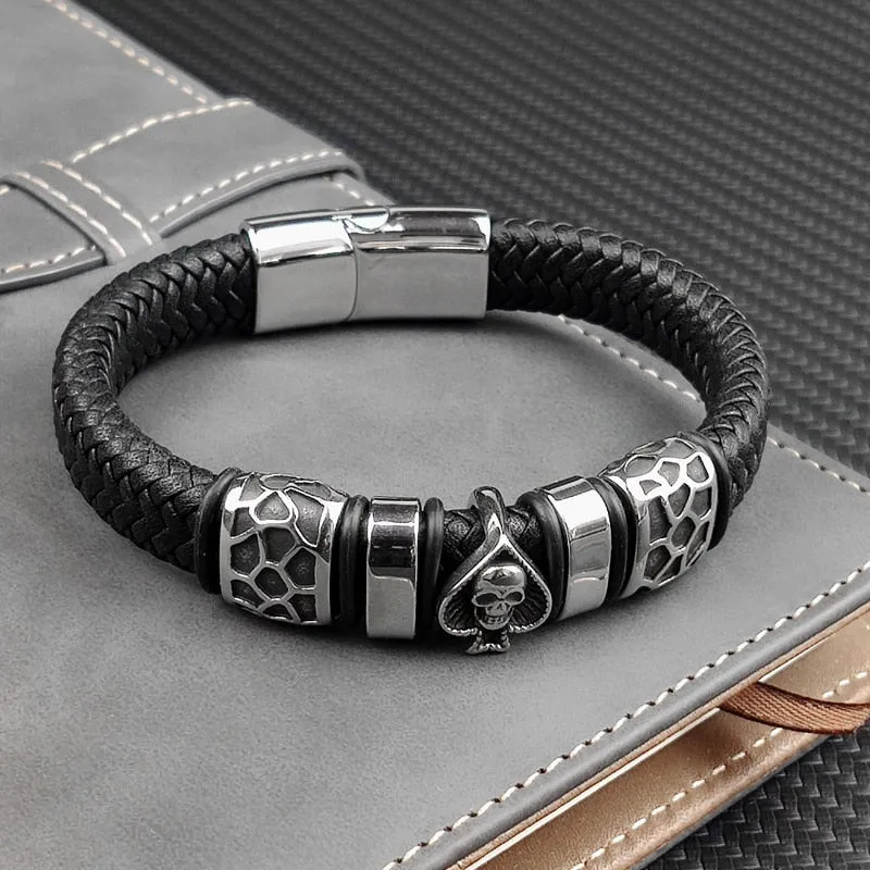 12*6mm Braided Leather 316l Stainless Steel Charm Male Bracelets