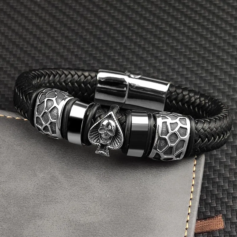 12*6mm Braided Leather 316l Stainless Steel Charm Male Bracelets