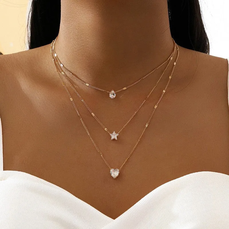 3-Layer Five-Pointed Star Heart Water Drops Pendant Vintage Necklace Clavicle Chain Women's Summer Outing Matching Chain Accessories