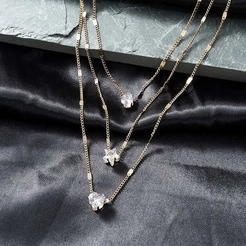 3-Layer Five-Pointed Star Heart Water Drops Pendant Vintage Necklace Clavicle Chain Women's Summer Outing Matching Chain Accessories