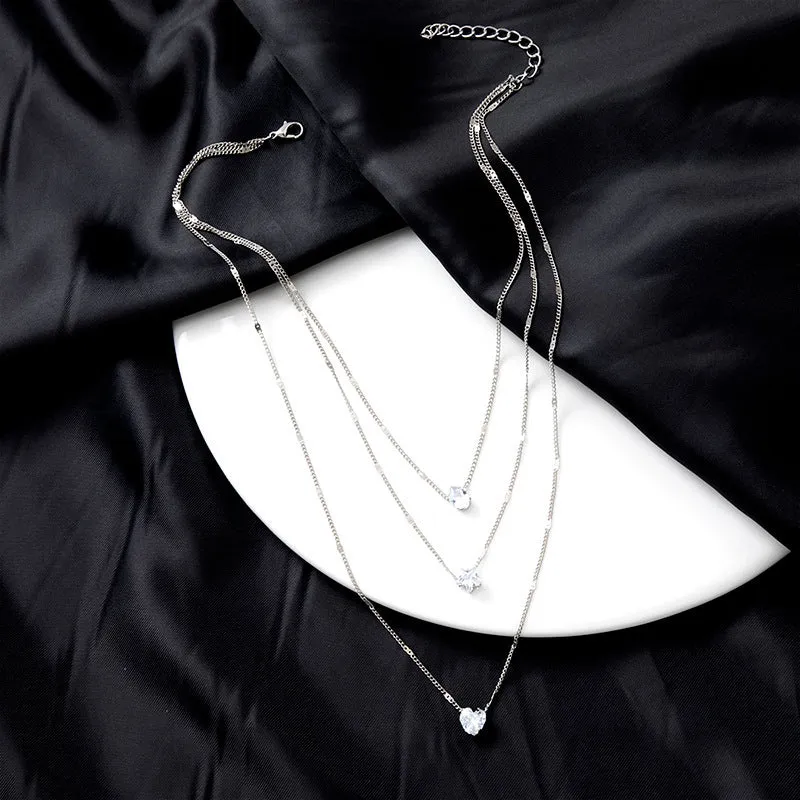 3-Layer Five-Pointed Star Heart Water Drops Pendant Vintage Necklace Clavicle Chain Women's Summer Outing Matching Chain Accessories