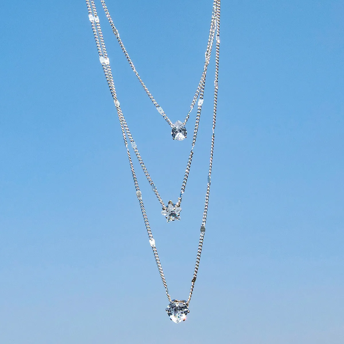 3-Layer Five-Pointed Star Heart Water Drops Pendant Vintage Necklace Clavicle Chain Women's Summer Outing Matching Chain Accessories