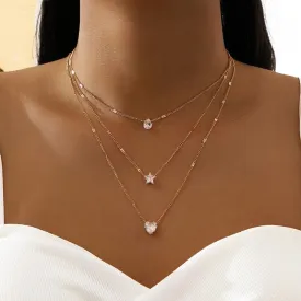 3-Layer Five-Pointed Star Heart Water Drops Pendant Vintage Necklace Clavicle Chain Women's Summer Outing Matching Chain Accessories