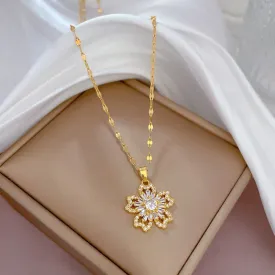 316L Stainless Steel Flower Cubic Zircon Pendant Necklace For Women