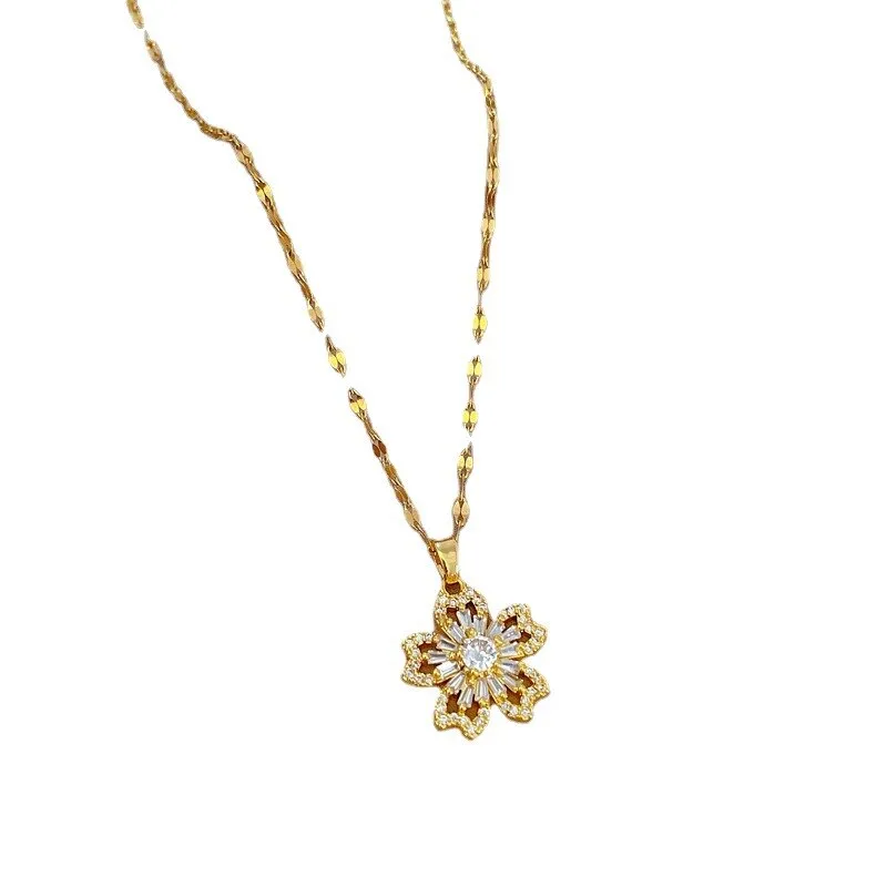 316L Stainless Steel Flower Cubic Zircon Pendant Necklace For Women