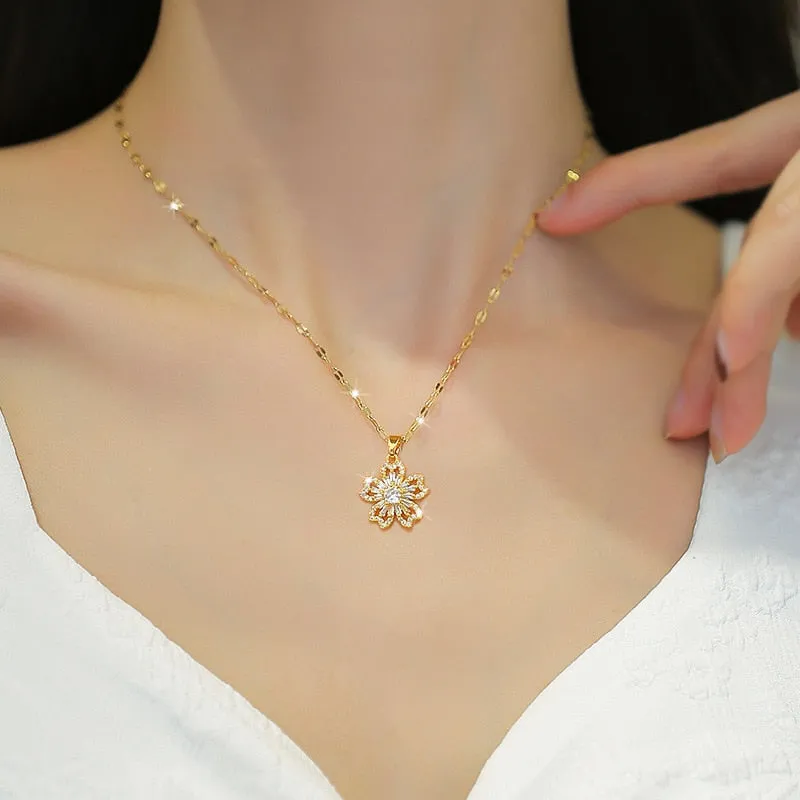 316L Stainless Steel Flower Cubic Zircon Pendant Necklace For Women