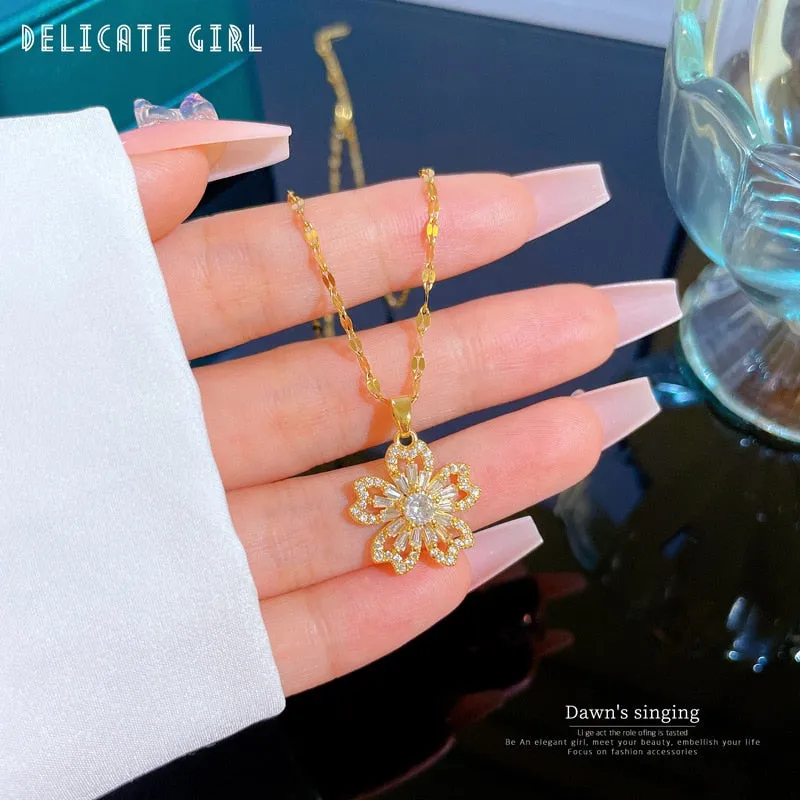 316L Stainless Steel Flower Cubic Zircon Pendant Necklace For Women