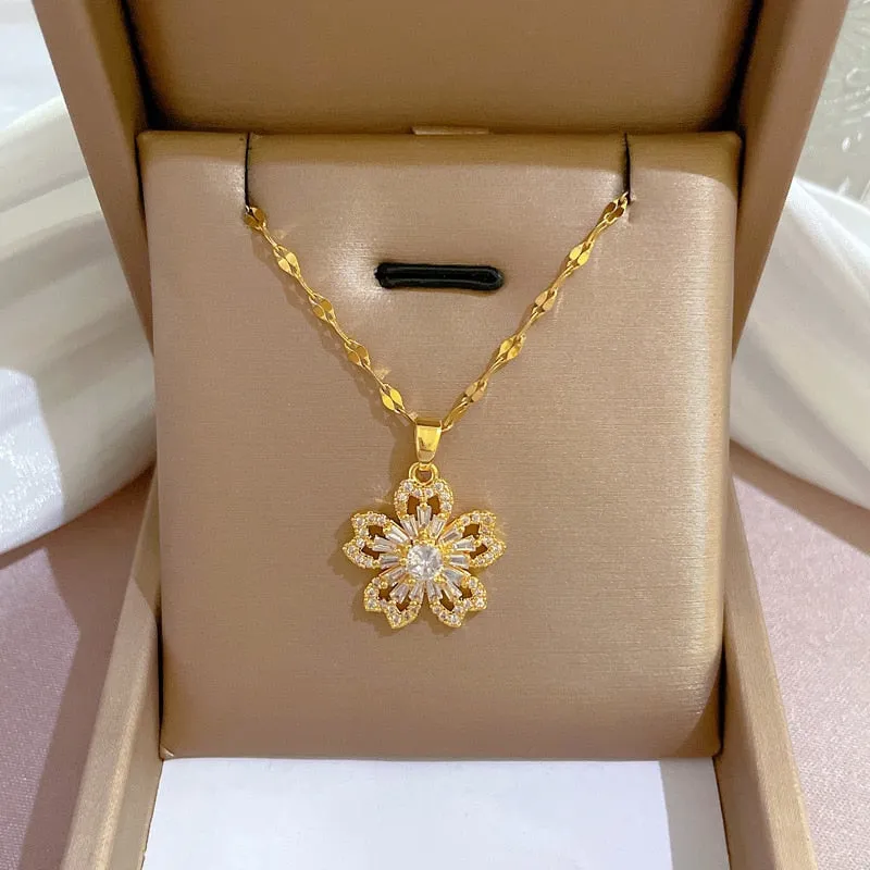 316L Stainless Steel Flower Cubic Zircon Pendant Necklace For Women