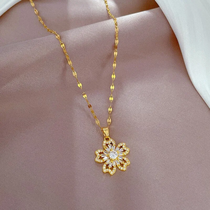 316L Stainless Steel Flower Cubic Zircon Pendant Necklace For Women