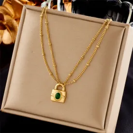 316L Stainless Steel Multilayer Green Crystal Lock Pendant Necklace For Women
