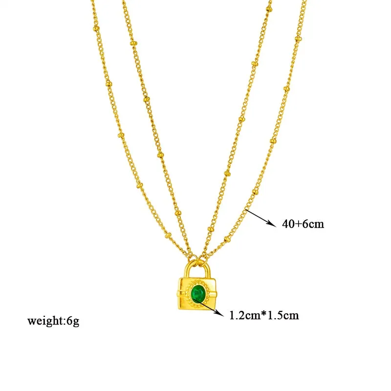 316L Stainless Steel Multilayer Green Crystal Lock Pendant Necklace For Women