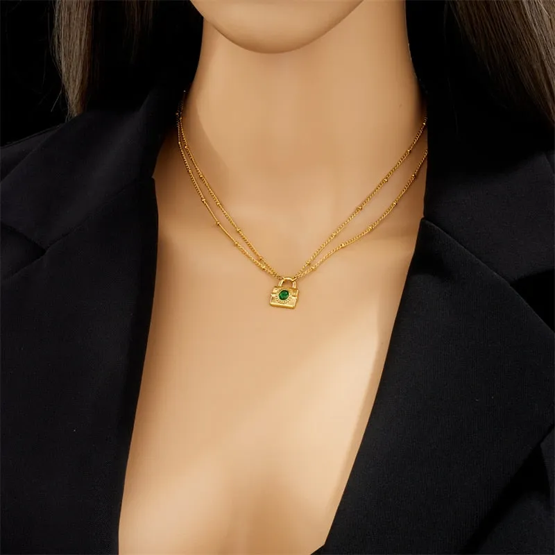 316L Stainless Steel Multilayer Green Crystal Lock Pendant Necklace For Women
