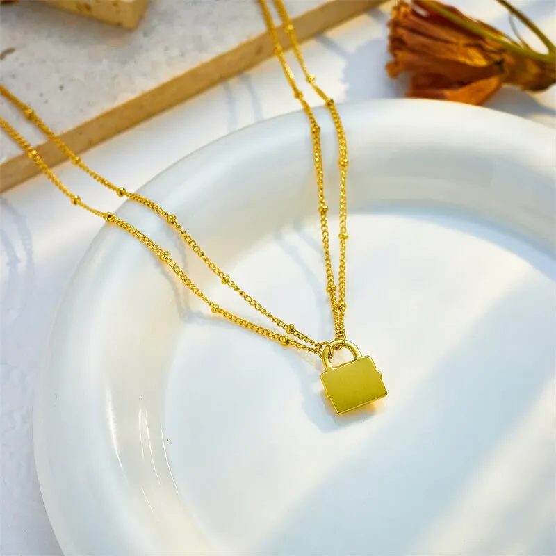 316L Stainless Steel Multilayer Green Crystal Lock Pendant Necklace For Women