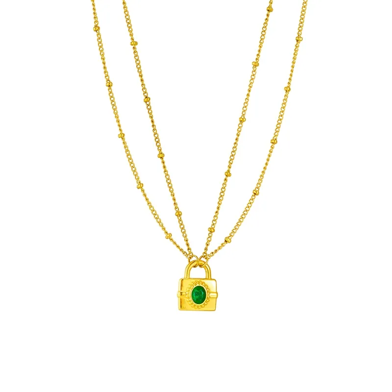 316L Stainless Steel Multilayer Green Crystal Lock Pendant Necklace For Women