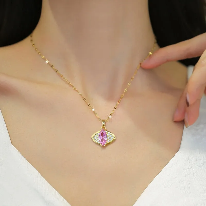 316L Stainless Steel Pink Zircon Eye Shape Pendant Necklace For Women