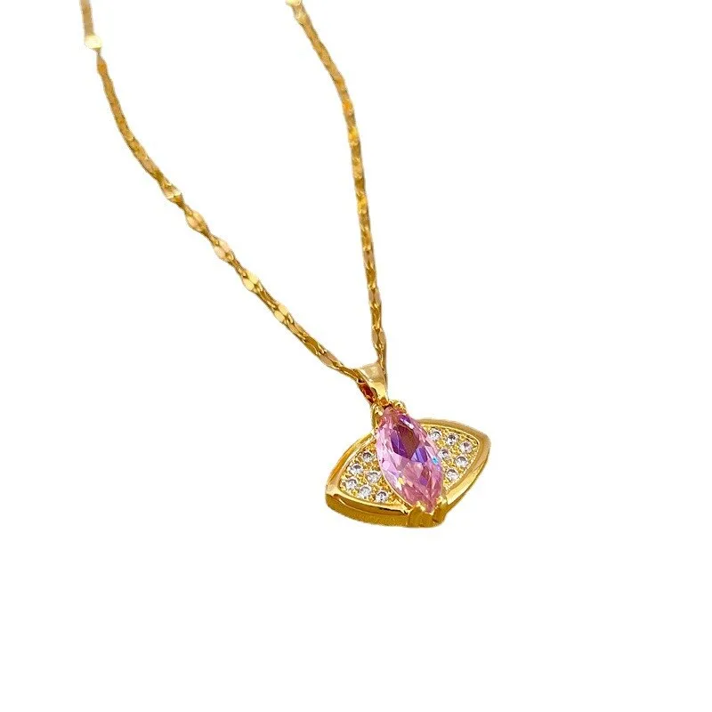 316L Stainless Steel Pink Zircon Eye Shape Pendant Necklace For Women