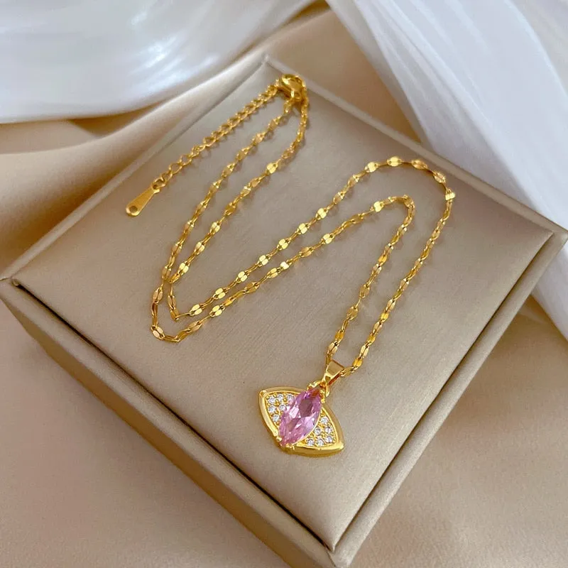 316L Stainless Steel Pink Zircon Eye Shape Pendant Necklace For Women