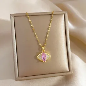 316L Stainless Steel Pink Zircon Eye Shape Pendant Necklace For Women