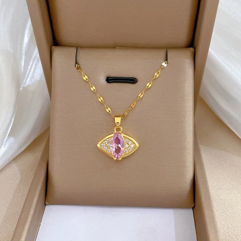 316L Stainless Steel Pink Zircon Eye Shape Pendant Necklace For Women