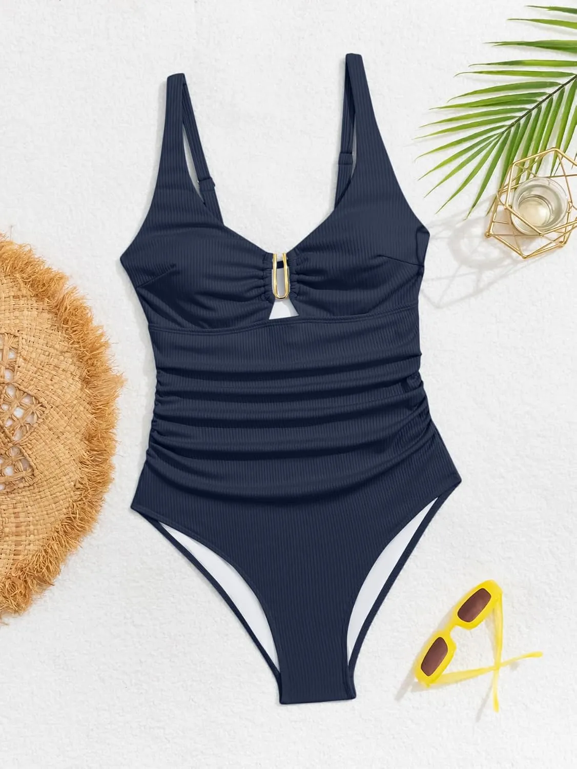 B2prity One Piece Swimsuit for Women Tummy Control V Neck Bathing Suit Slimming Ruched Swim Suit Cutout Swimwear