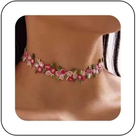 Boho Flower Lace Choker Necklace Pink Rose Choker Chain Vintage Floral Choker Collar Jewelry for Women Teen Girls