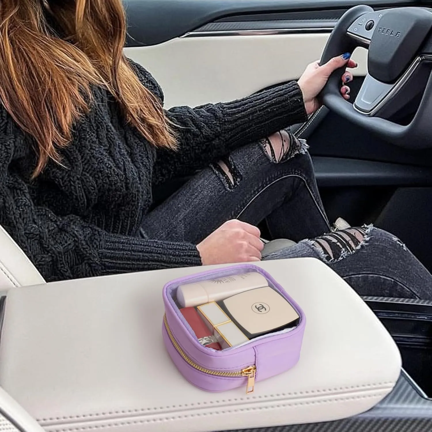 Clear Makeup Bag for Purse - Small Cosmetic Bag, Toiletry Bags, Cute Travel Makeup Bag, Coin Purse, Car Accessories Organizer - Storage Travel Essentials for Women & Girls (Clear-Purple)