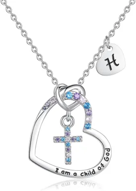 Cross Necklace for Girls | I am a child of God Necklace for Girls | Cross Birthstone Necklace | Heart Letter initial Necklace | 18K White Gold Plated Pendant Jewelry First Communion Baptism Gifts Christmas Birthday Gifts for Girl Women