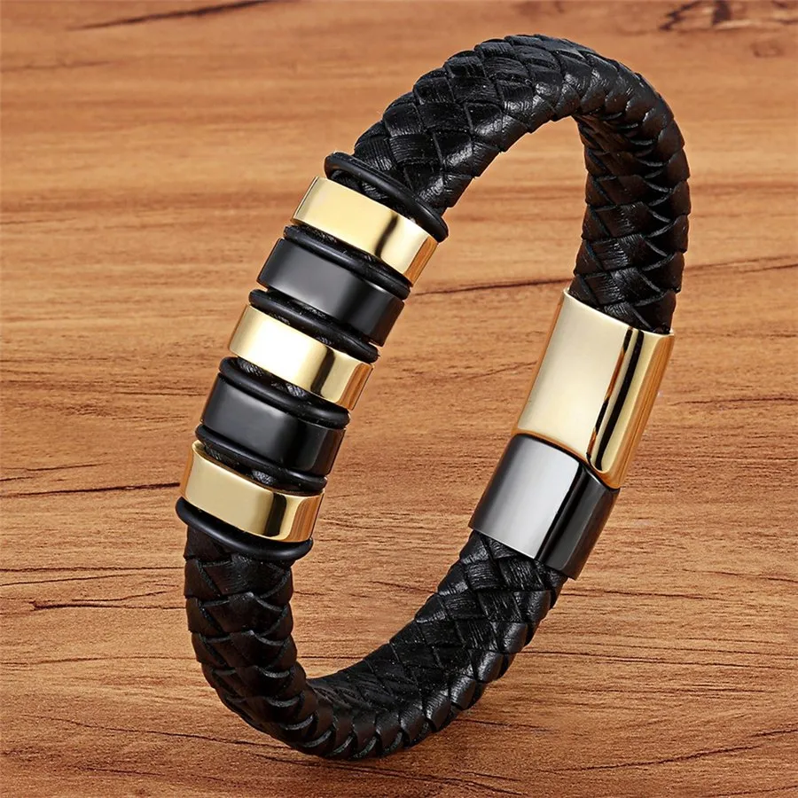 Genuine Leather Cool Black Gold Creative Design Stainless Steel Magnetic Buckle Charm Men Leather Bracelet
