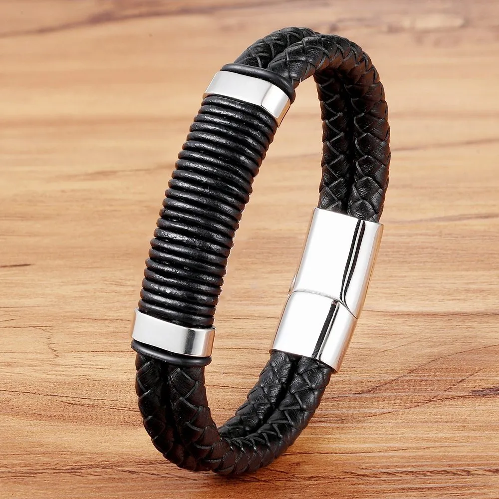 Genuine Leather Cool Black Gold Creative Design Stainless Steel Magnetic Buckle Charm Men Leather Bracelet
