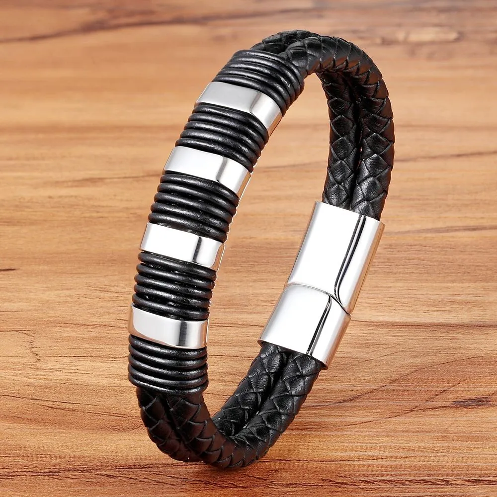 Genuine Leather Cool Black Gold Creative Design Stainless Steel Magnetic Buckle Charm Men Leather Bracelet