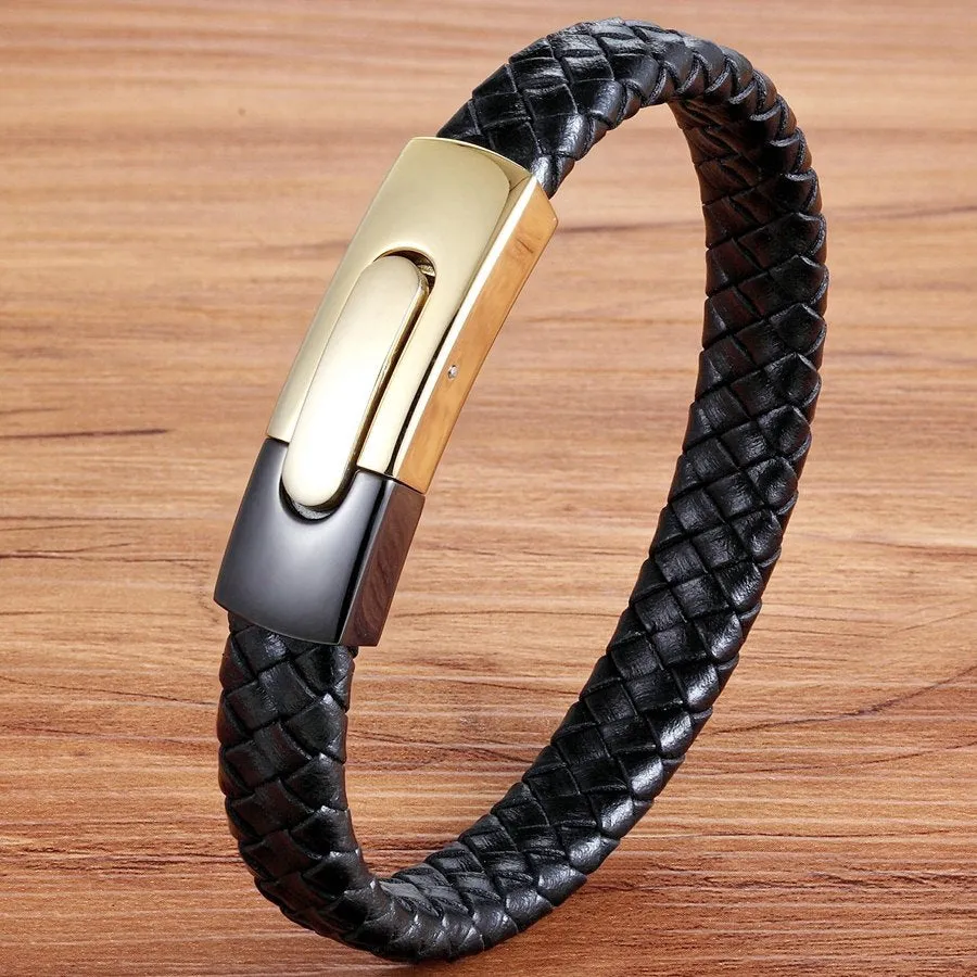 Genuine Leather Cool Black Gold Creative Design Stainless Steel Magnetic Buckle Charm Men Leather Bracelet