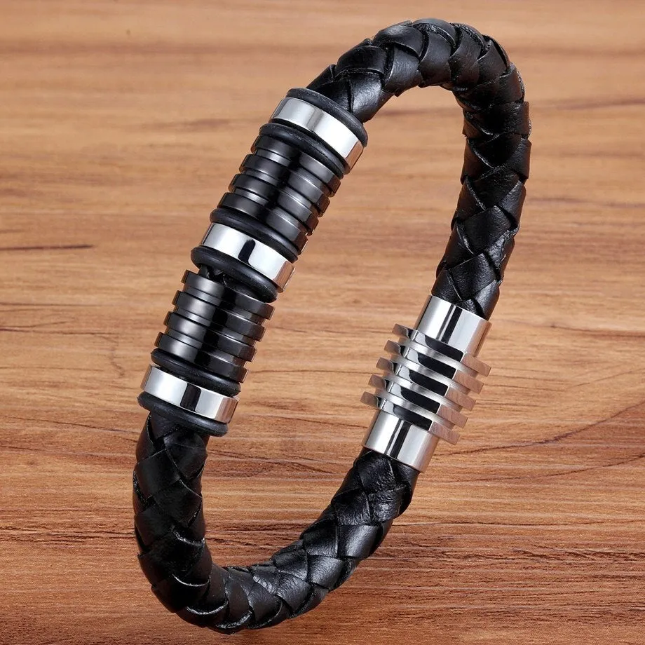 Genuine Leather Cool Black Gold Creative Design Stainless Steel Magnetic Buckle Charm Men Leather Bracelet