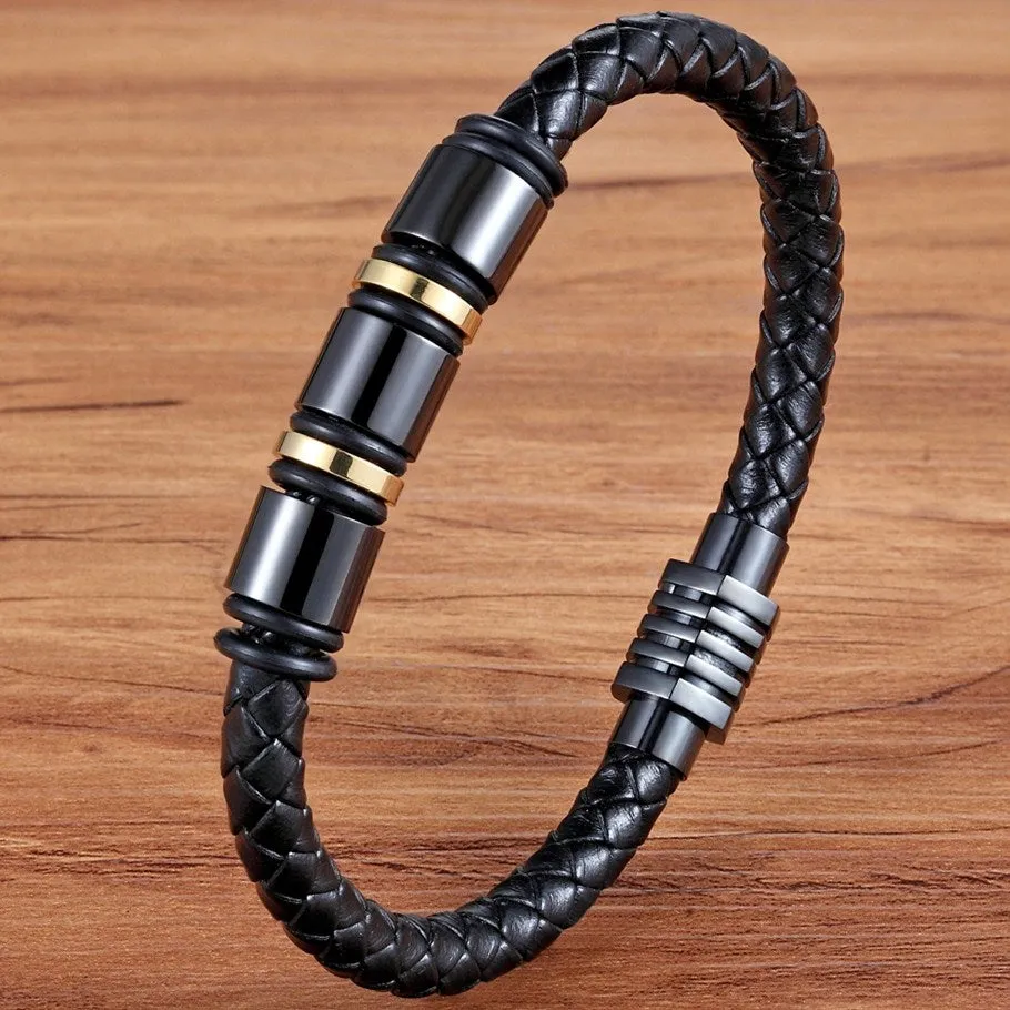 Genuine Leather Cool Black Gold Creative Design Stainless Steel Magnetic Buckle Charm Men Leather Bracelet