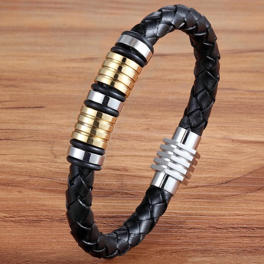 Genuine Leather Cool Black Gold Creative Design Stainless Steel Magnetic Buckle Charm Men Leather Bracelet