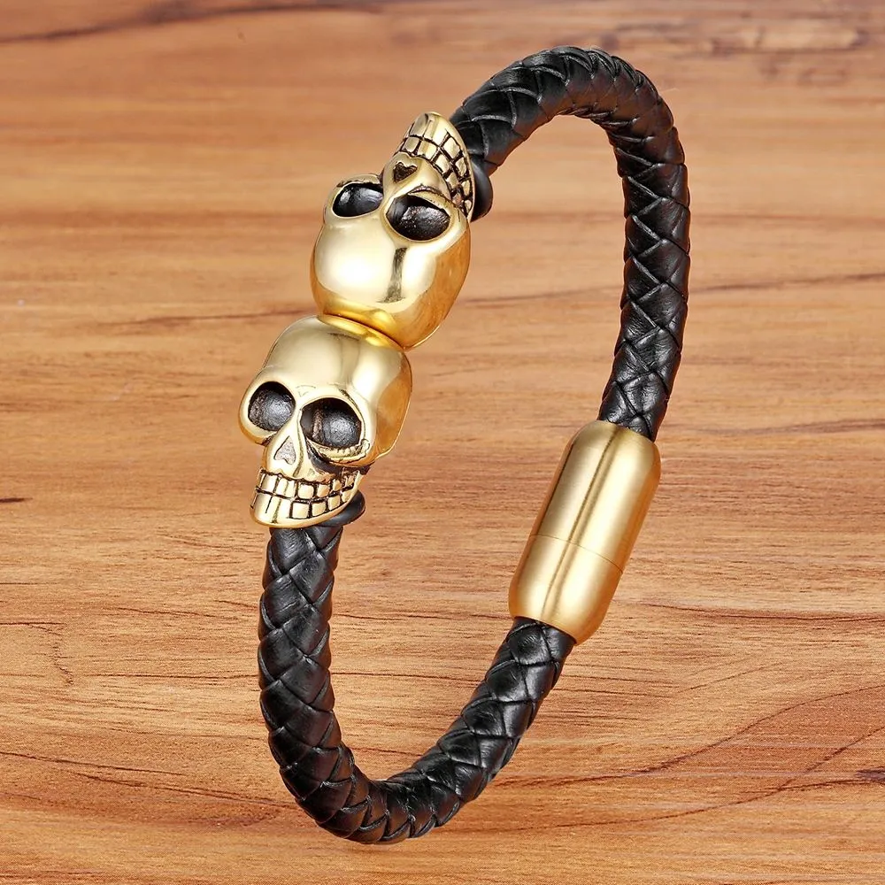Genuine Leather Cool Black Gold Creative Design Stainless Steel Magnetic Buckle Charm Men Leather Bracelet