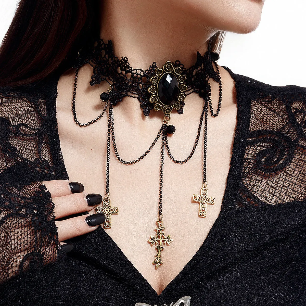 Gothic Blood Drop Gem Tassel Cross Necklace for Halloween