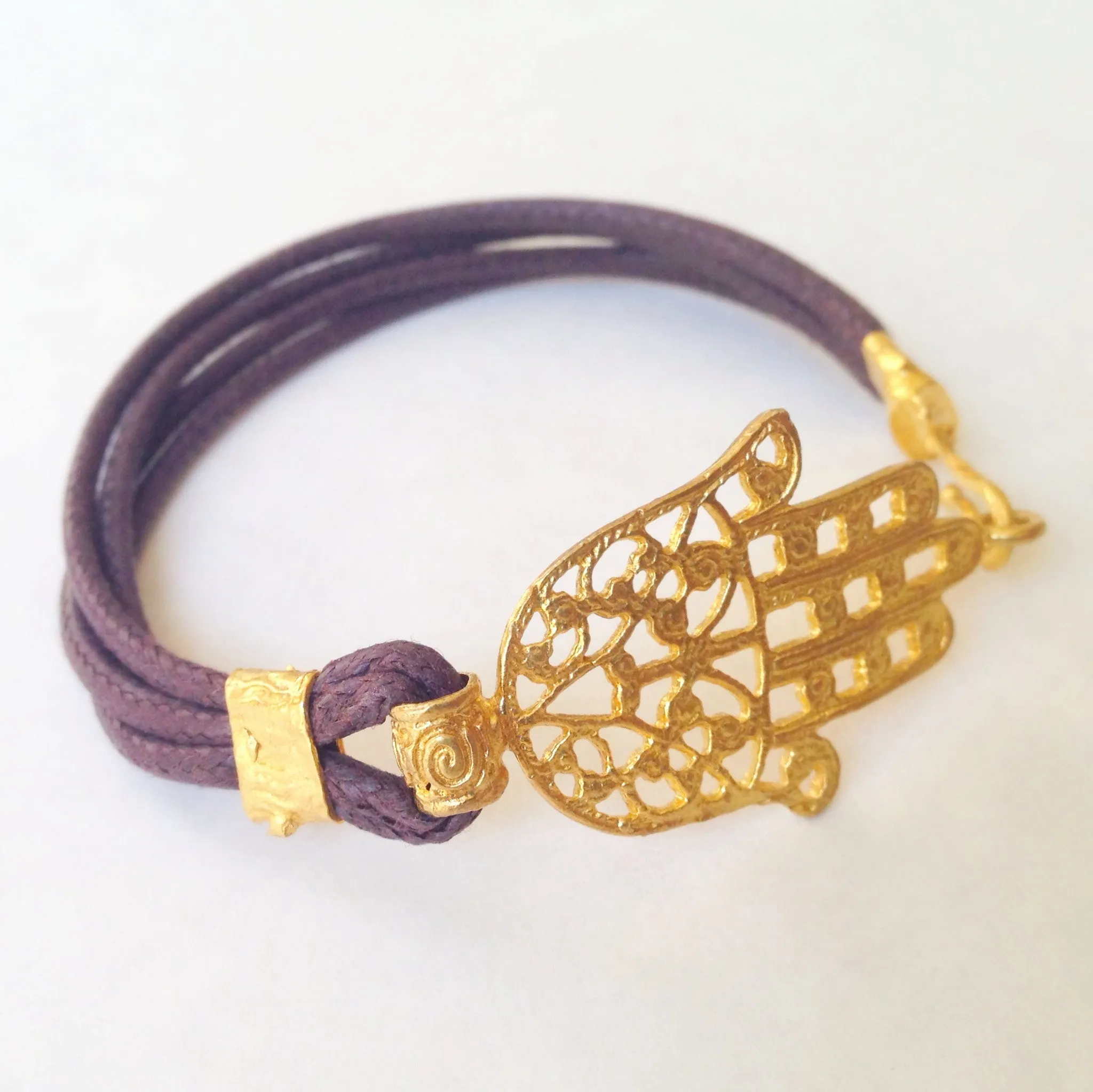 Hamsa Leather Bracelet - 24k Gold Dipped Hand of Fatima Cuff Bracelet