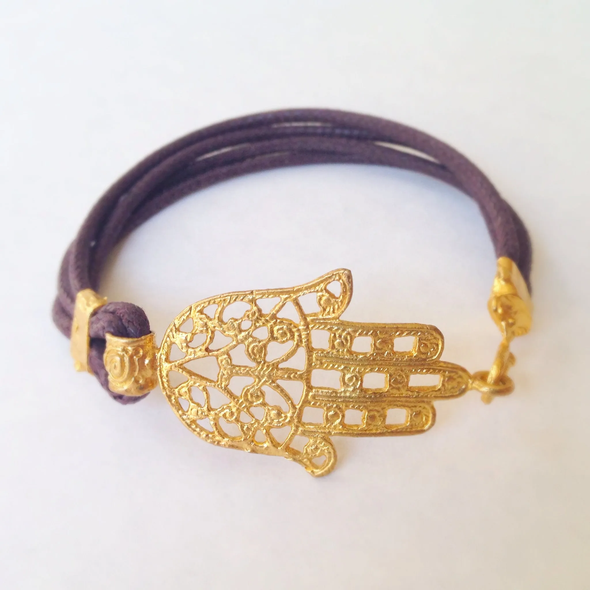 Hamsa Leather Bracelet - 24k Gold Dipped Hand of Fatima Cuff Bracelet