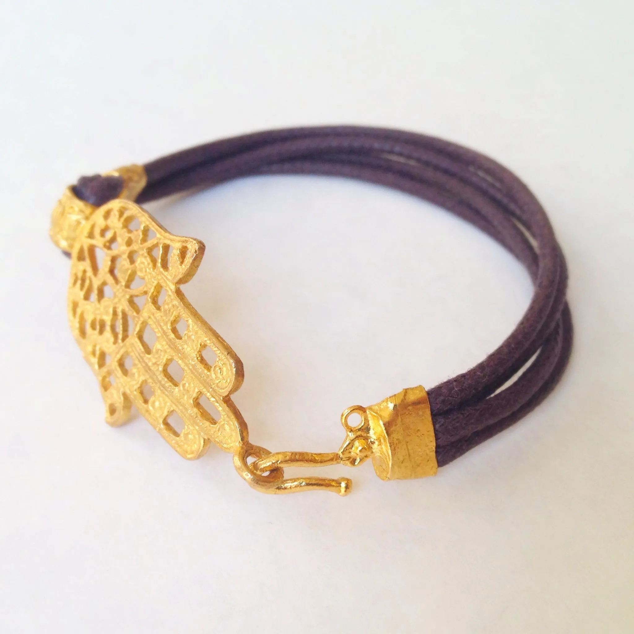 Hamsa Leather Bracelet - 24k Gold Dipped Hand of Fatima Cuff Bracelet