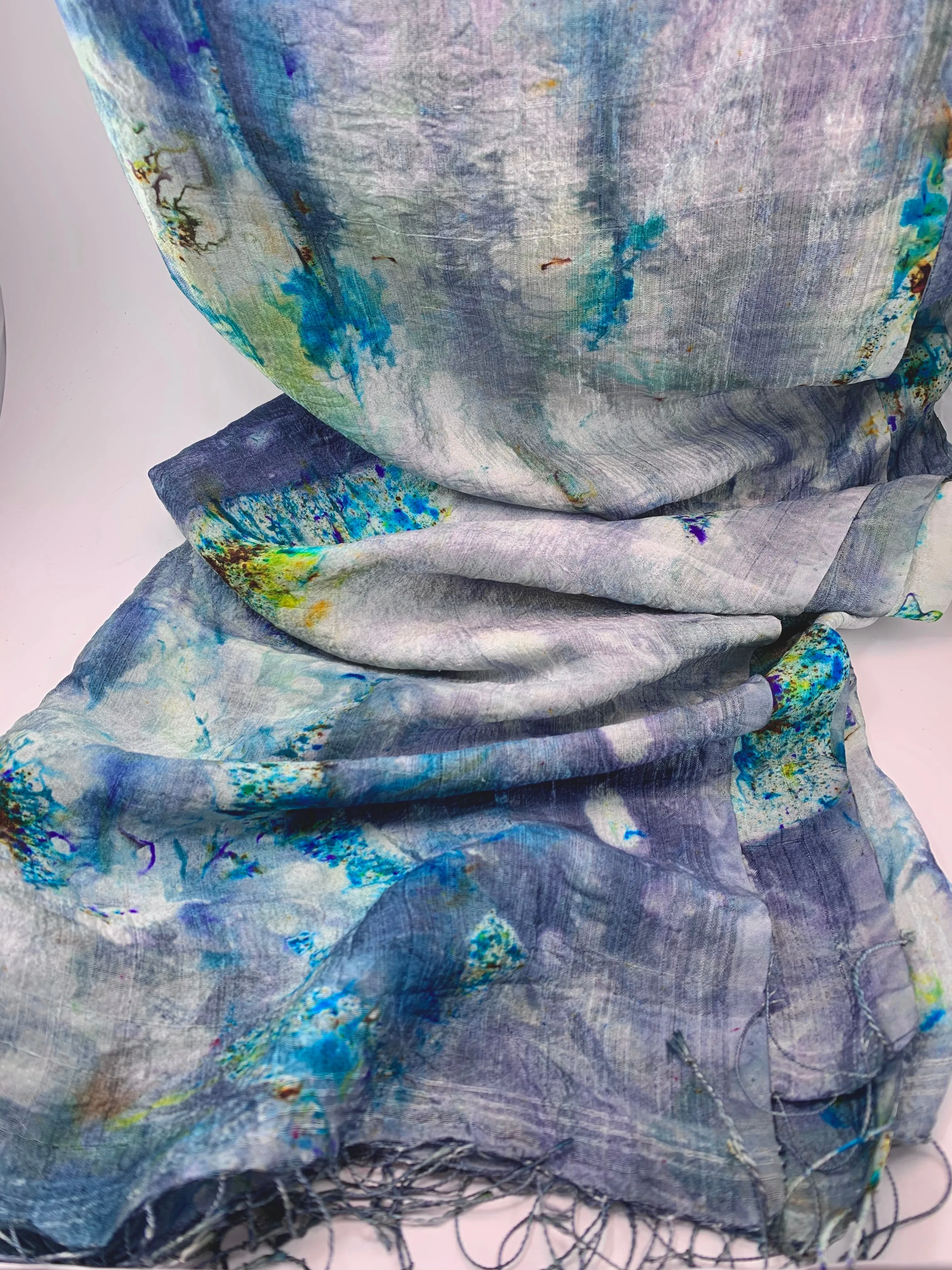 Hand Dyed Silk Scarf "BeeBop Blues #2" Blue Navy Turquoise Green Violet Gold Teal Silver Yellow Mulberry Silk Scarf 22.5” x 71” 57cm x 180cm