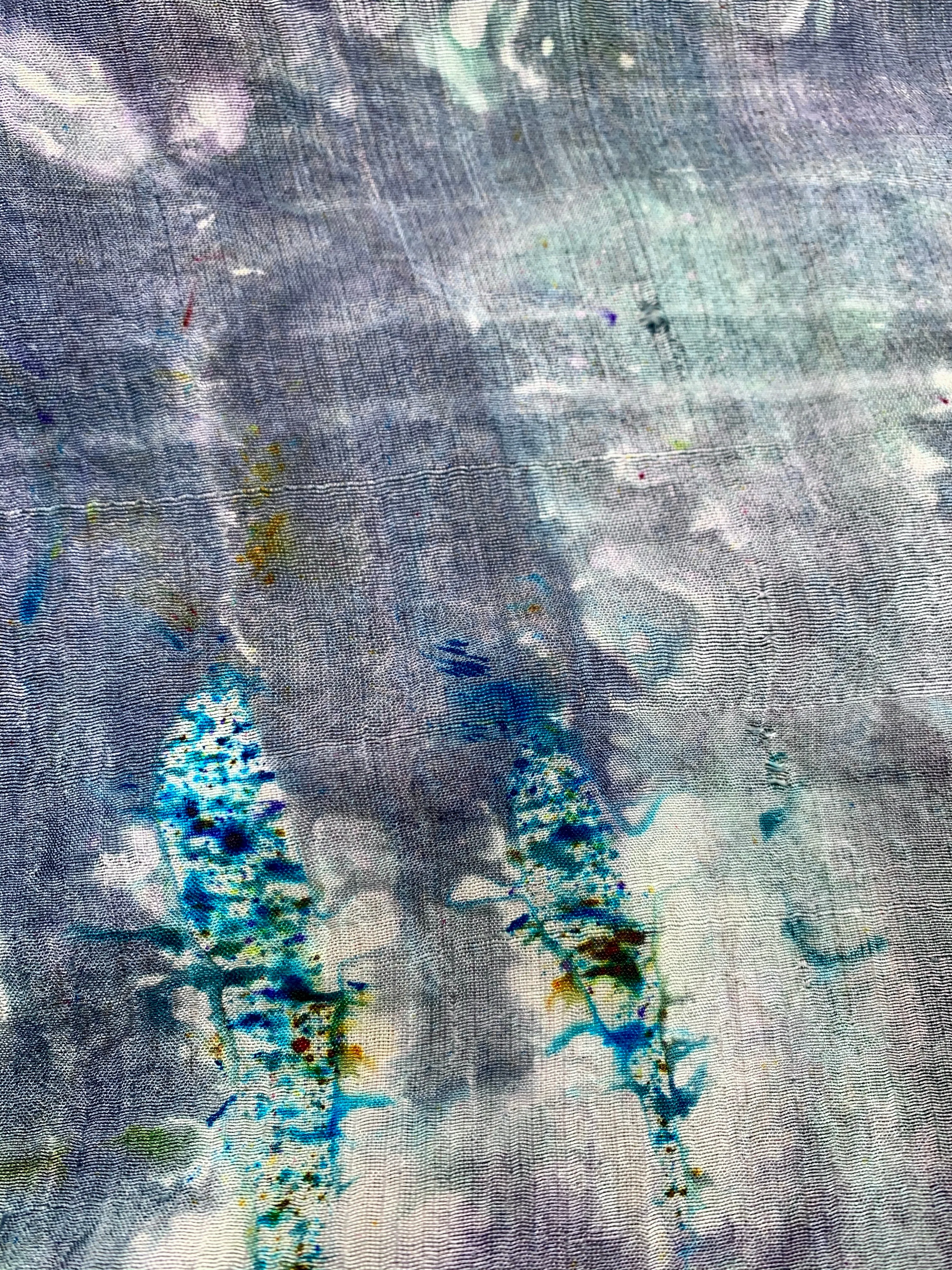 Hand Dyed Silk Scarf "BeeBop Blues #2" Blue Navy Turquoise Green Violet Gold Teal Silver Yellow Mulberry Silk Scarf 22.5” x 71” 57cm x 180cm