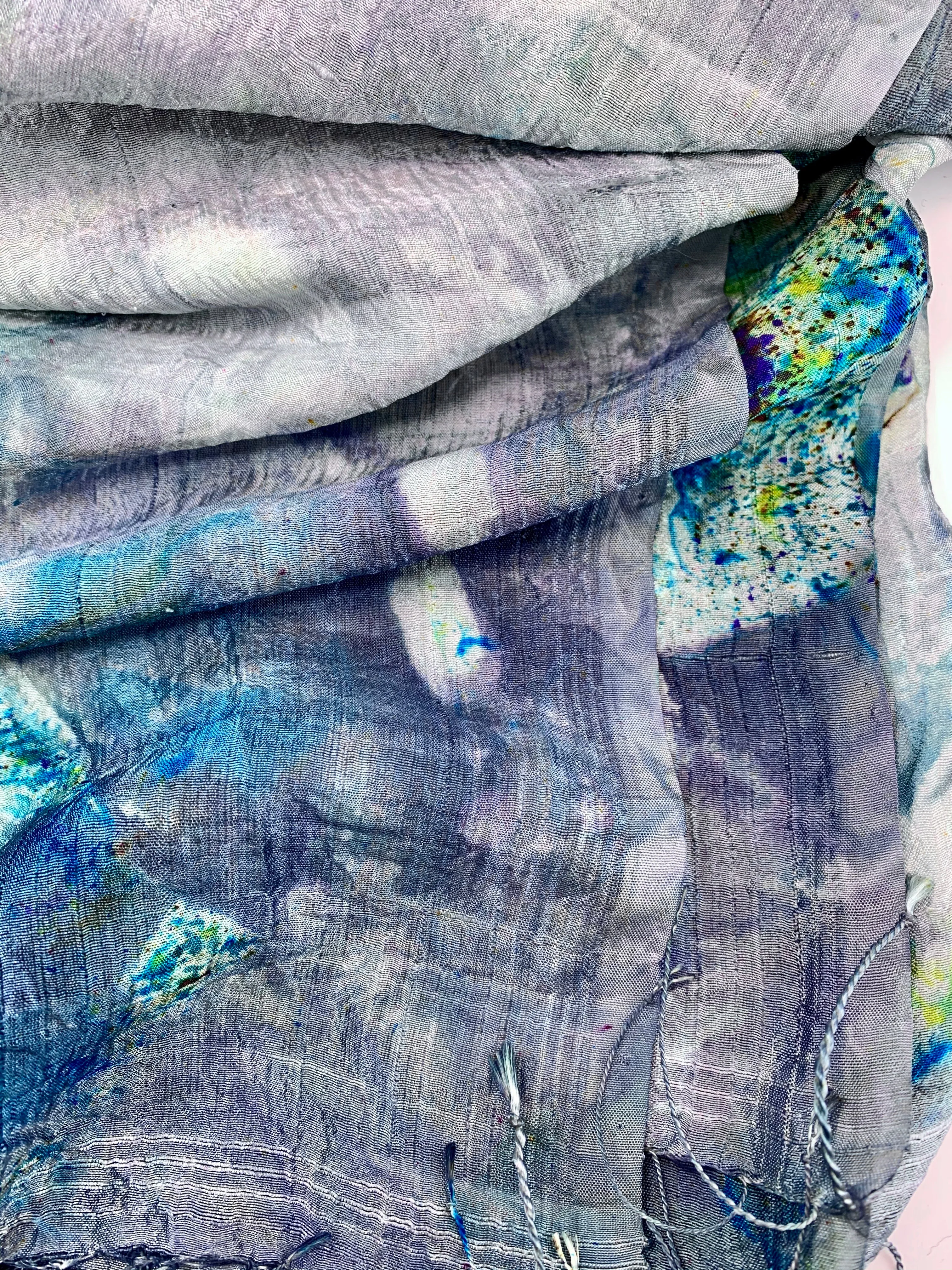 Hand Dyed Silk Scarf "BeeBop Blues #2" Blue Navy Turquoise Green Violet Gold Teal Silver Yellow Mulberry Silk Scarf 22.5” x 71” 57cm x 180cm