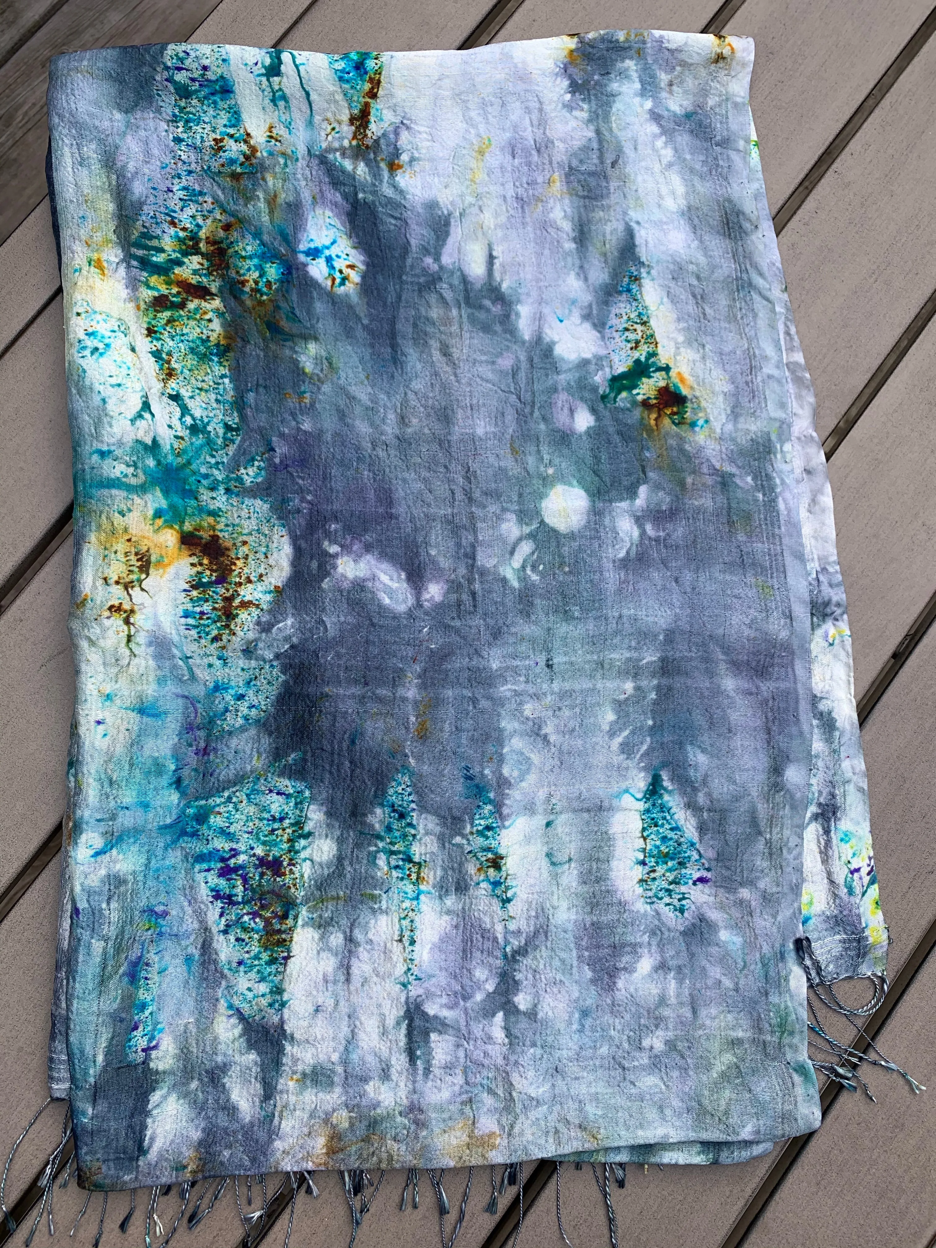 Hand Dyed Silk Scarf "BeeBop Blues #2" Blue Navy Turquoise Green Violet Gold Teal Silver Yellow Mulberry Silk Scarf 22.5” x 71” 57cm x 180cm