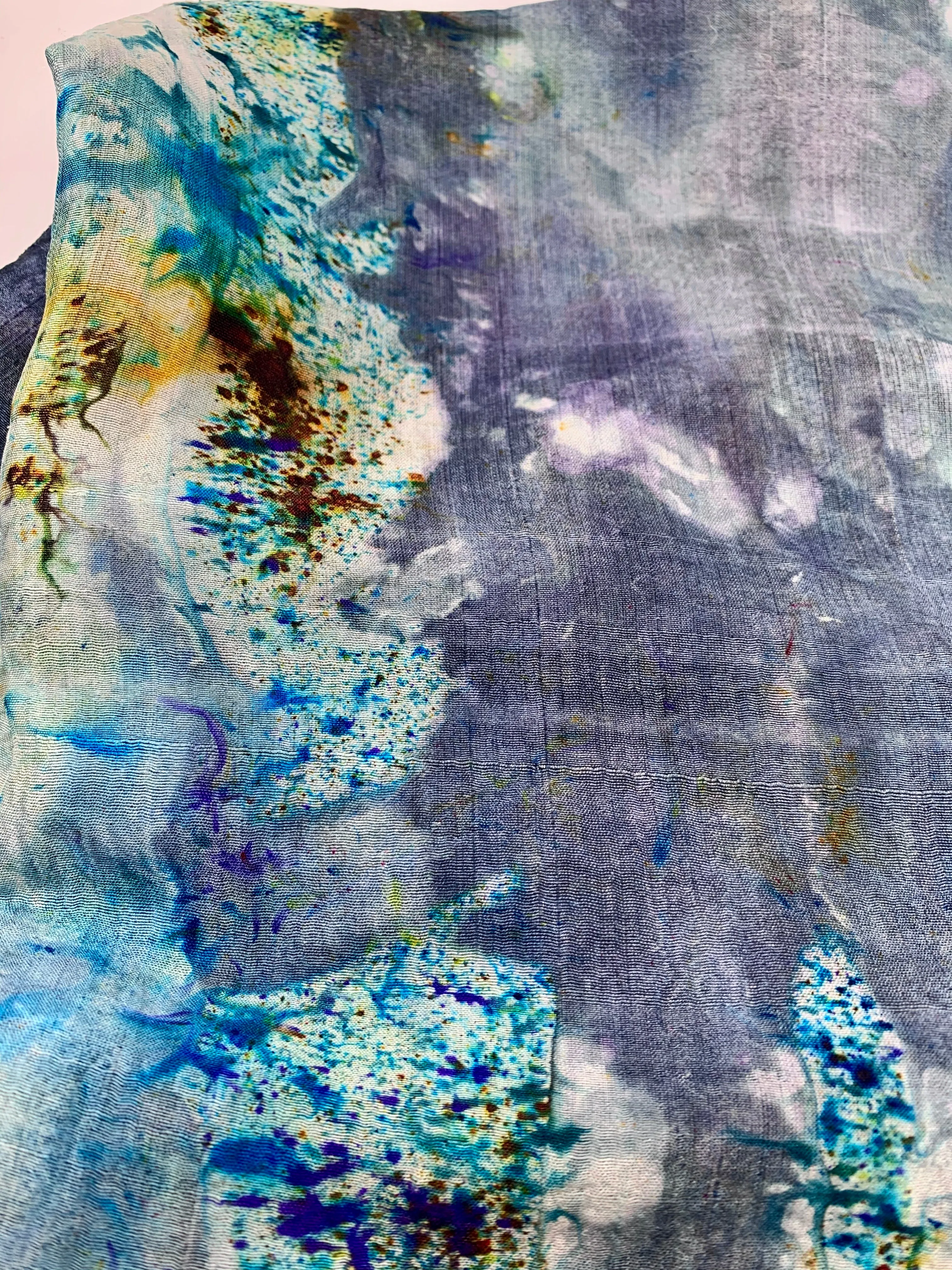 Hand Dyed Silk Scarf "BeeBop Blues #2" Blue Navy Turquoise Green Violet Gold Teal Silver Yellow Mulberry Silk Scarf 22.5” x 71” 57cm x 180cm