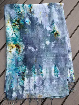 Hand Dyed Silk Scarf "BeeBop Blues #2" Blue Navy Turquoise Green Violet Gold Teal Silver Yellow Mulberry Silk Scarf 22.5” x 71” 57cm x 180cm