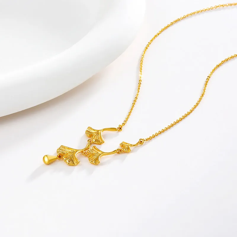 Jewelry Sansheng apricot necklace women's brass gold-plated summer niche high-end ginkgo leaf pendant clavicle chain