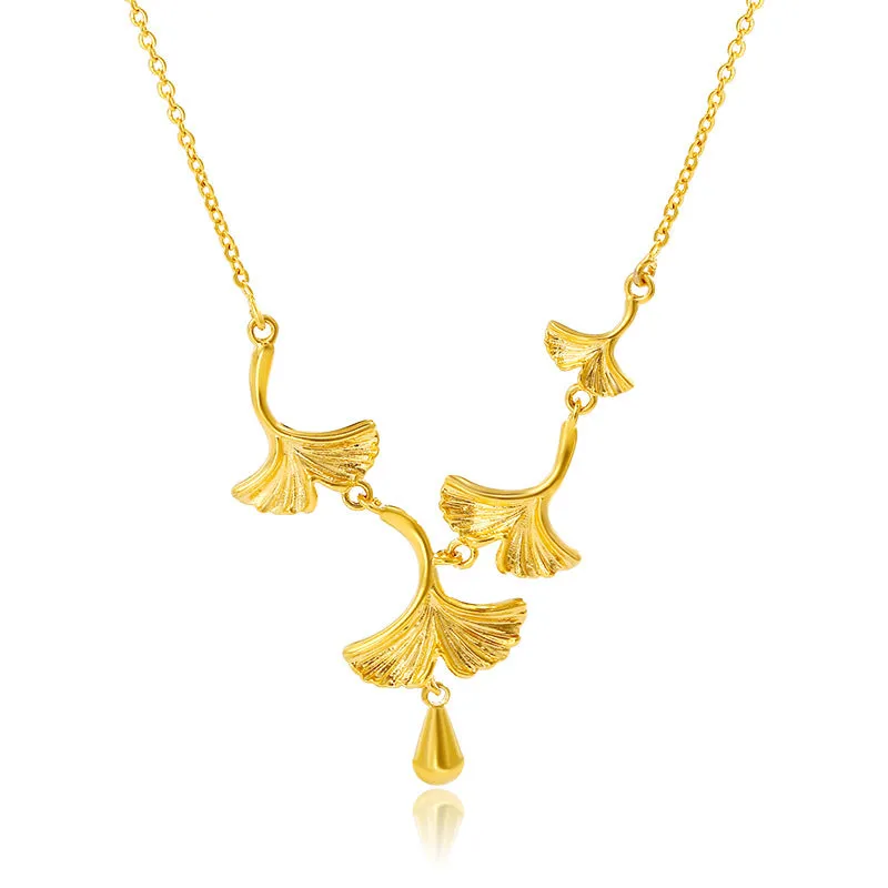 Jewelry Sansheng apricot necklace women's brass gold-plated summer niche high-end ginkgo leaf pendant clavicle chain