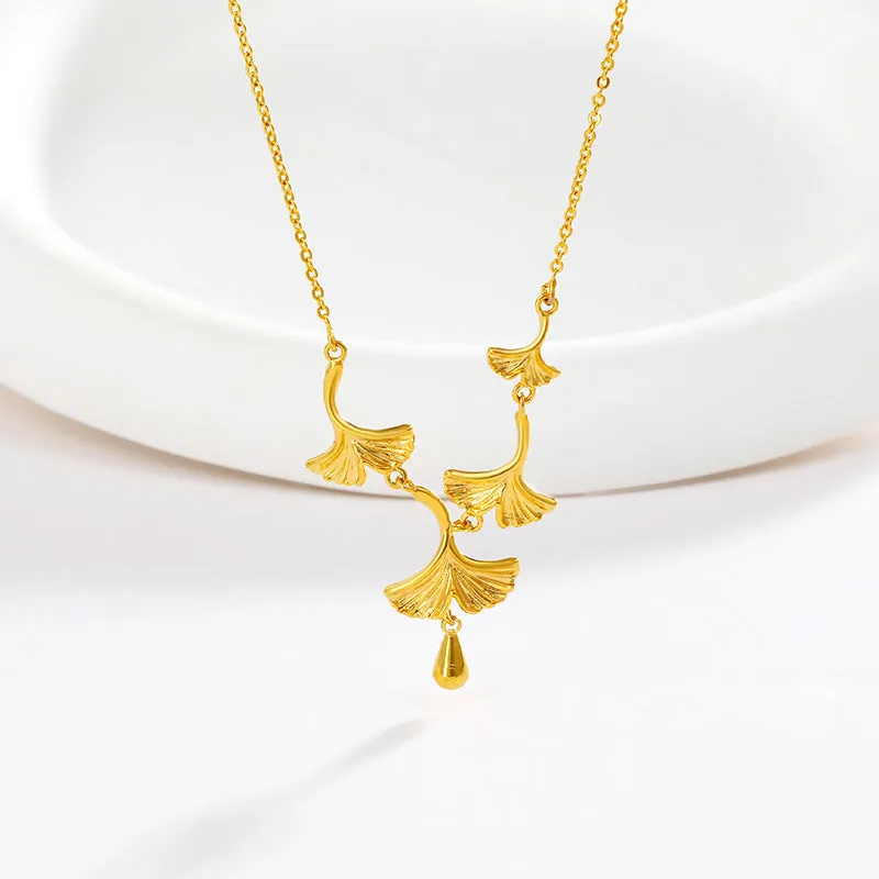 Jewelry Sansheng apricot necklace women's brass gold-plated summer niche high-end ginkgo leaf pendant clavicle chain