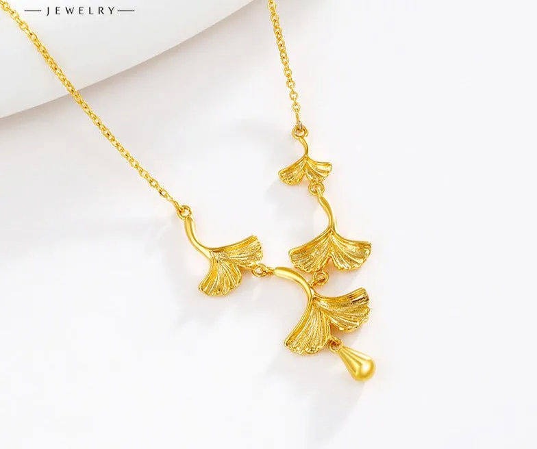Jewelry Sansheng apricot necklace women's brass gold-plated summer niche high-end ginkgo leaf pendant clavicle chain